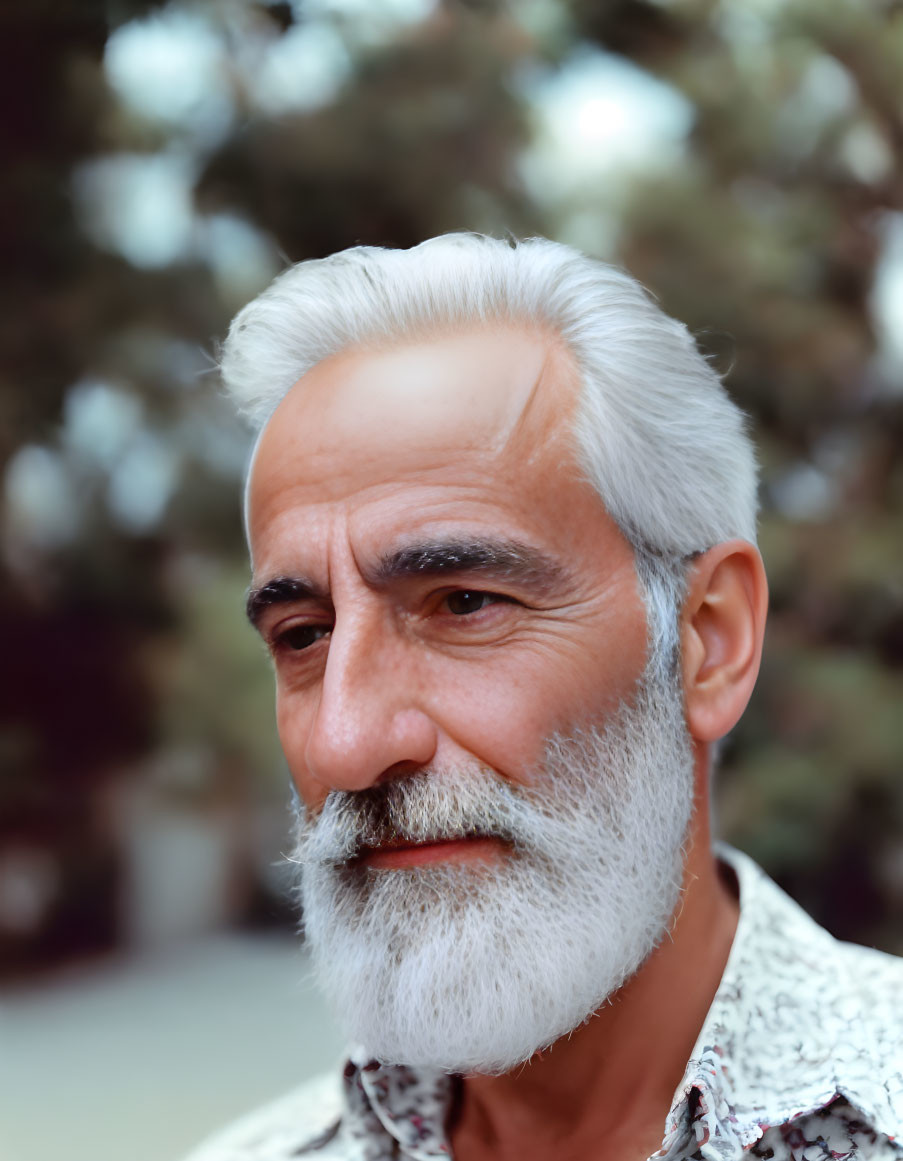 Elderly man with white beard and mustache against tree background