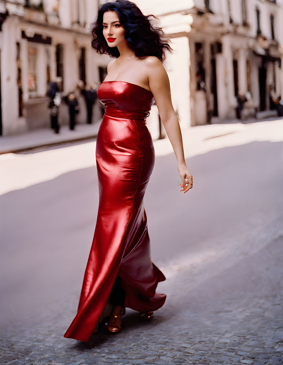 Woman in red strapless gown confidently walking down cobbled street