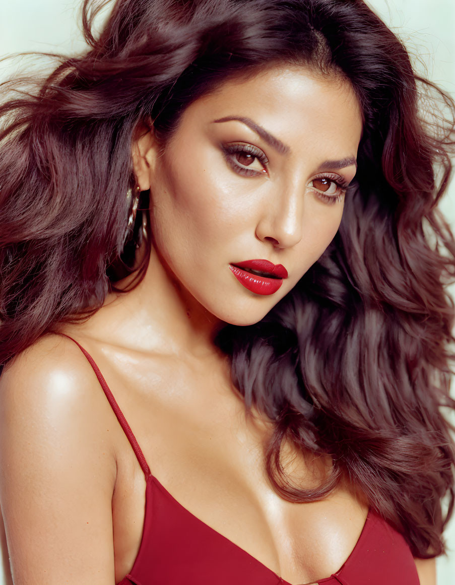 Voluminous Brown Hair Woman in Red Lipstick and Top Pose