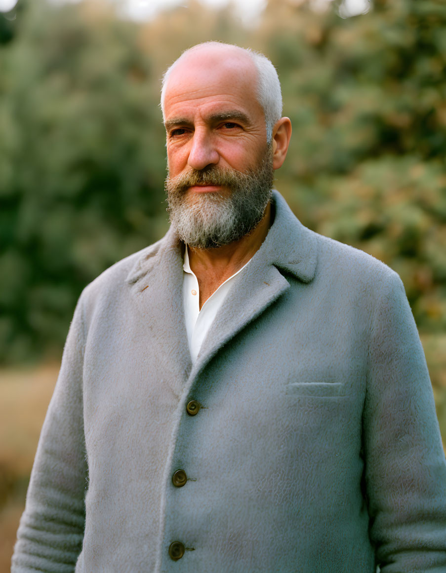 Elderly man in blue coat outdoors with trees.