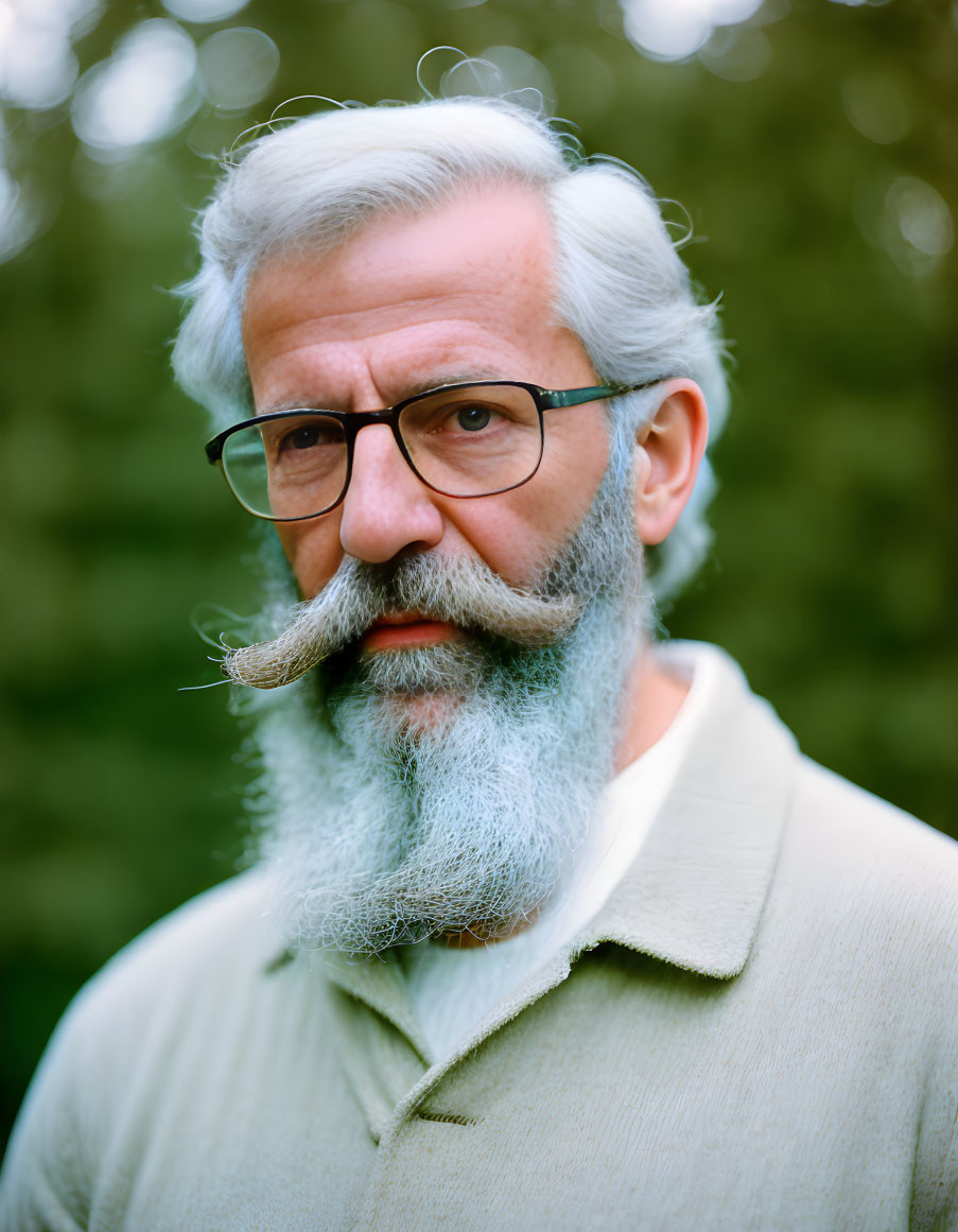 Elderly man with gray beard and glasses in light shirt on green backdrop