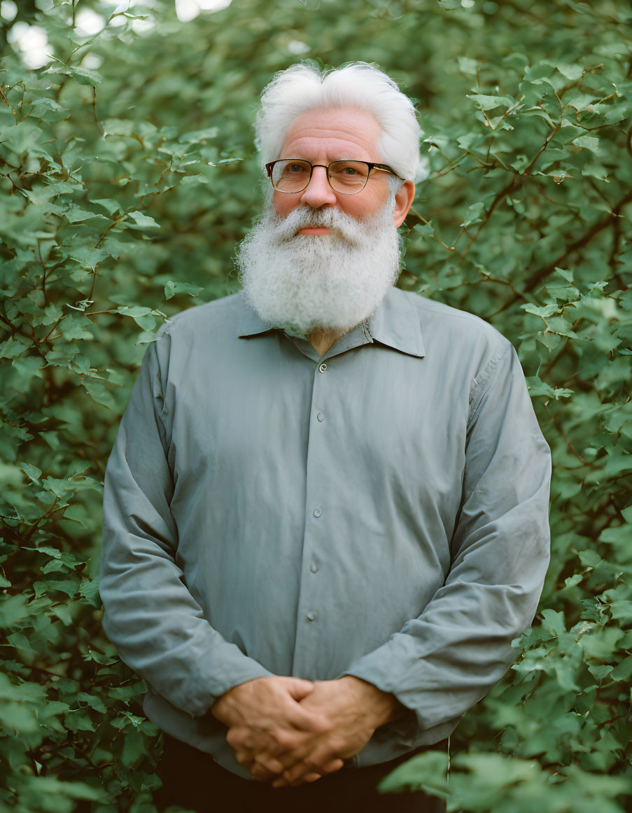 Elderly Man with White Beard and Glasses in Gray Shirt on Green Background