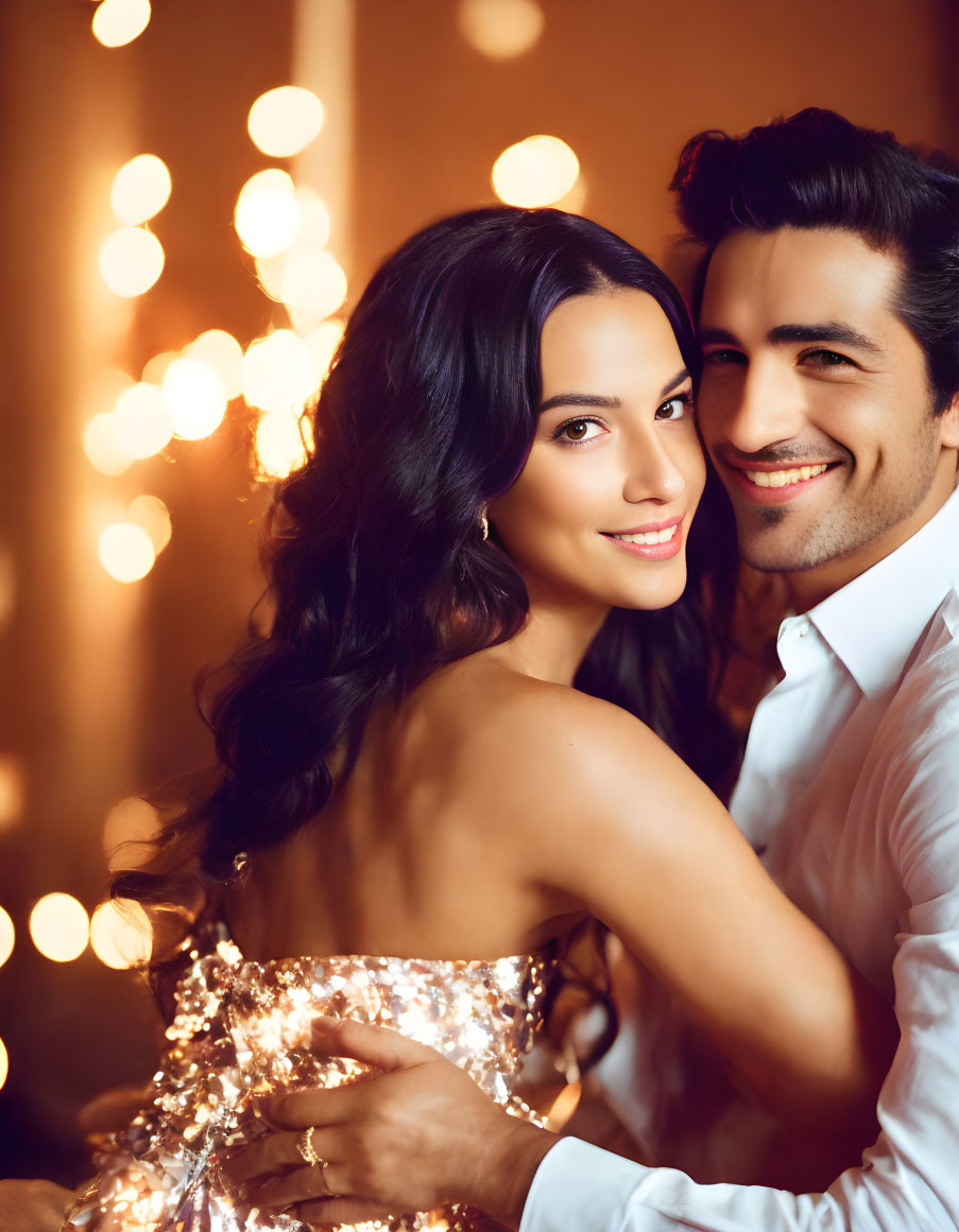 Formal Attired Couple Smiling in Gold Sequin Dress and White Shirt