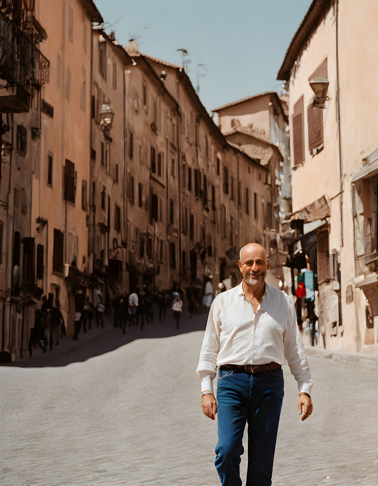 Bald Man with Beard Smiling in European Street