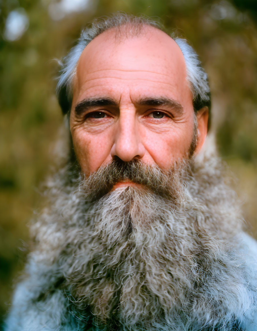 Elderly man with long gray beard and serene expression in nature