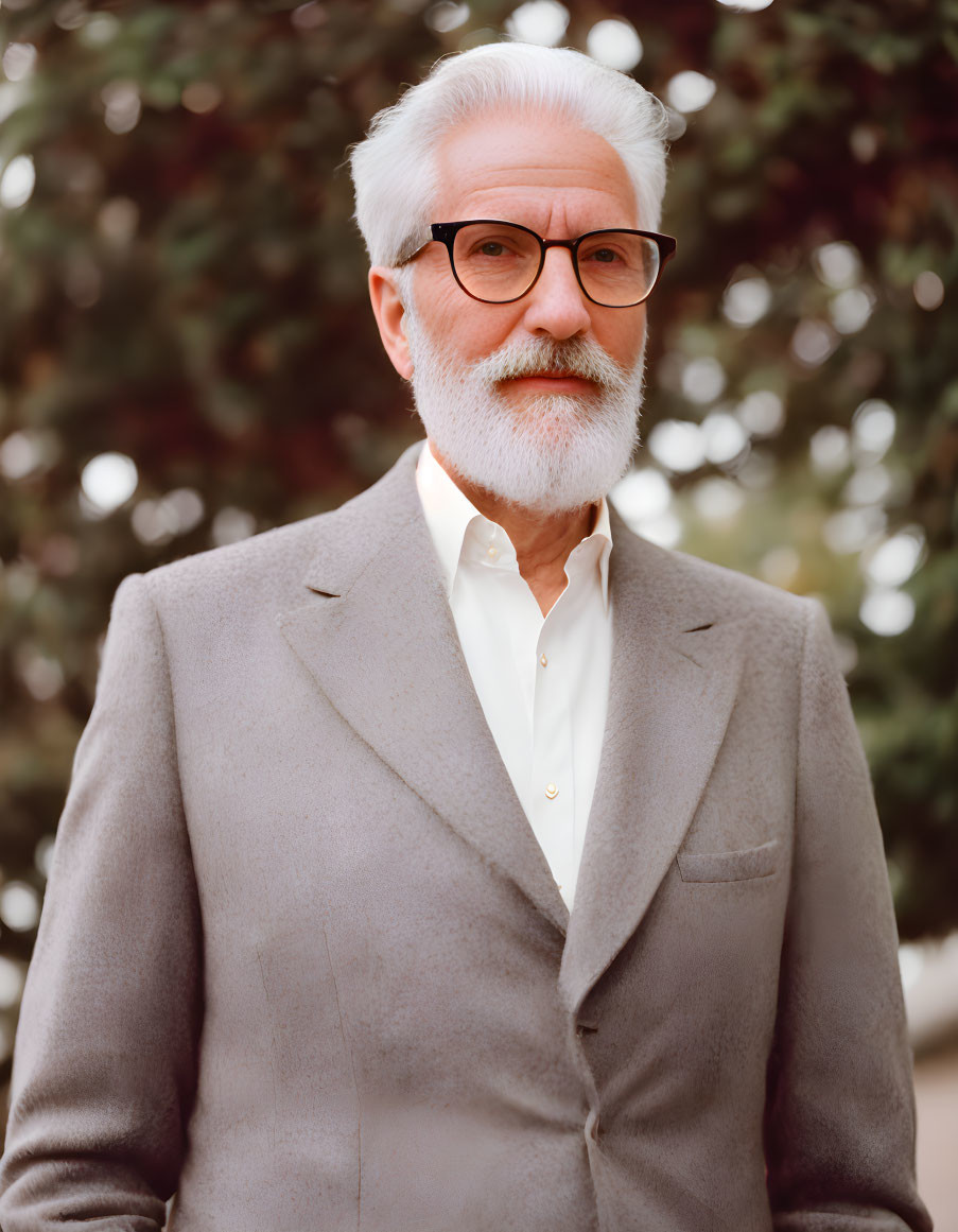 Elderly Man with White Beard and Glasses in Gray Blazer