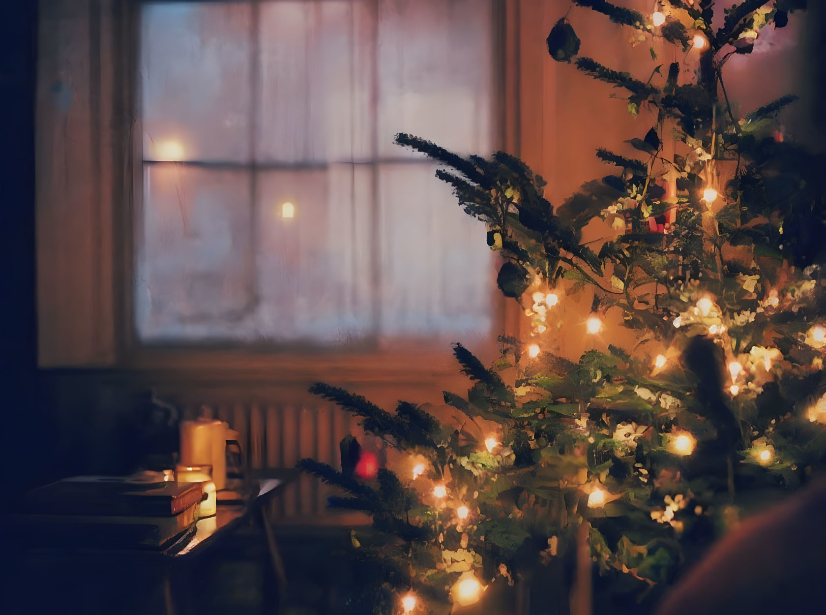 Festive Christmas tree by frosty window with candle