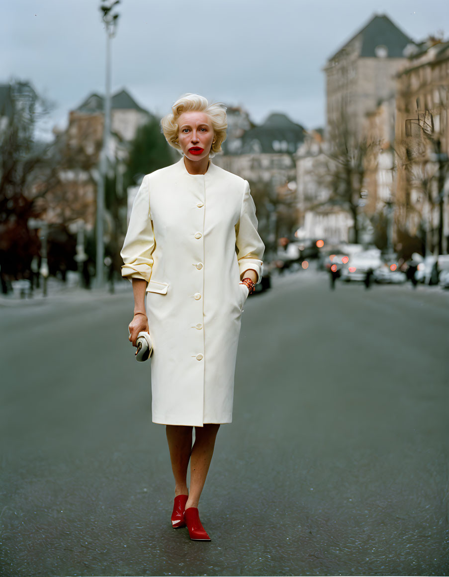 Confident woman in white coat and red heels on city street with blurred traffic and buildings.