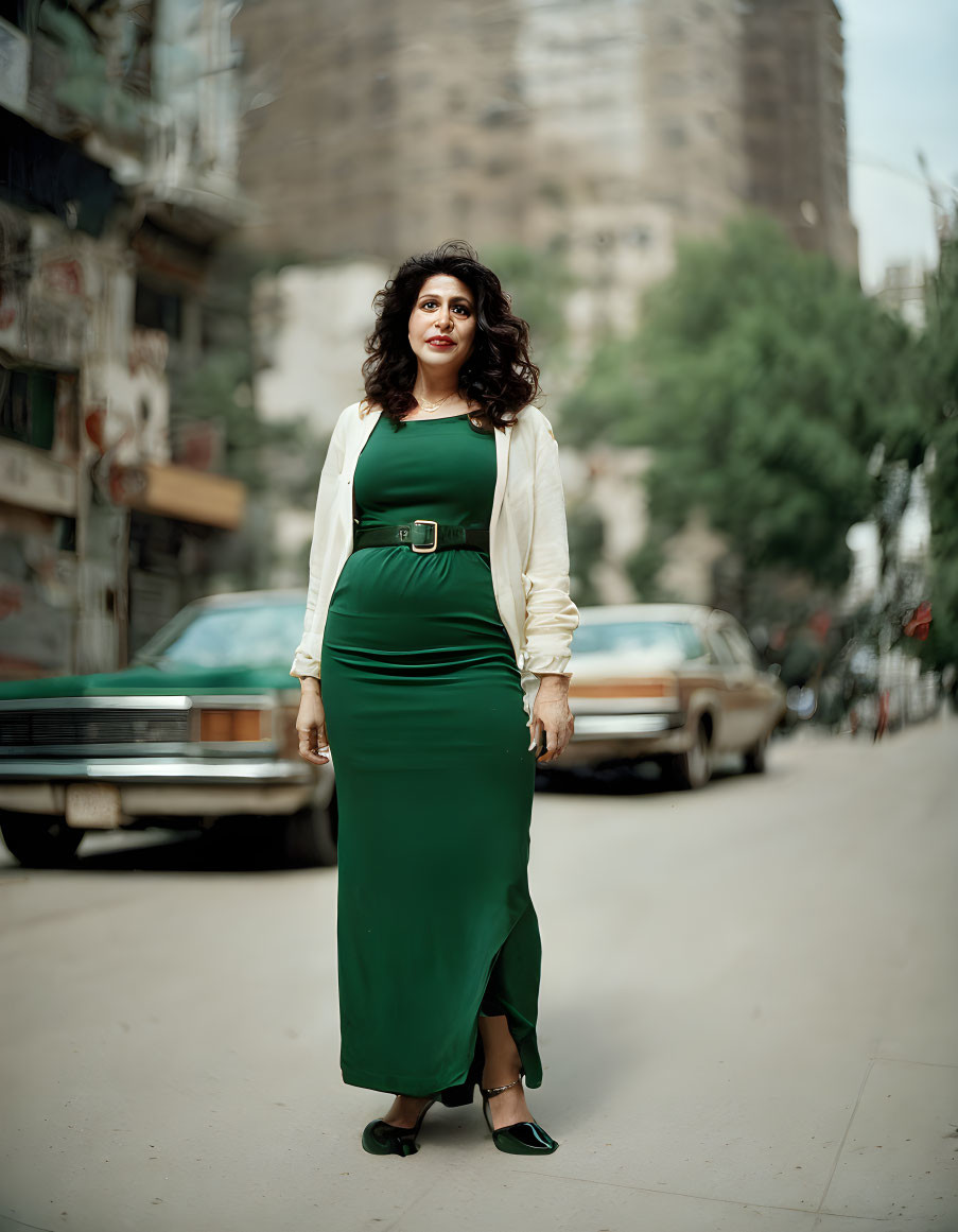 Confident woman in vintage-inspired outfit on city street