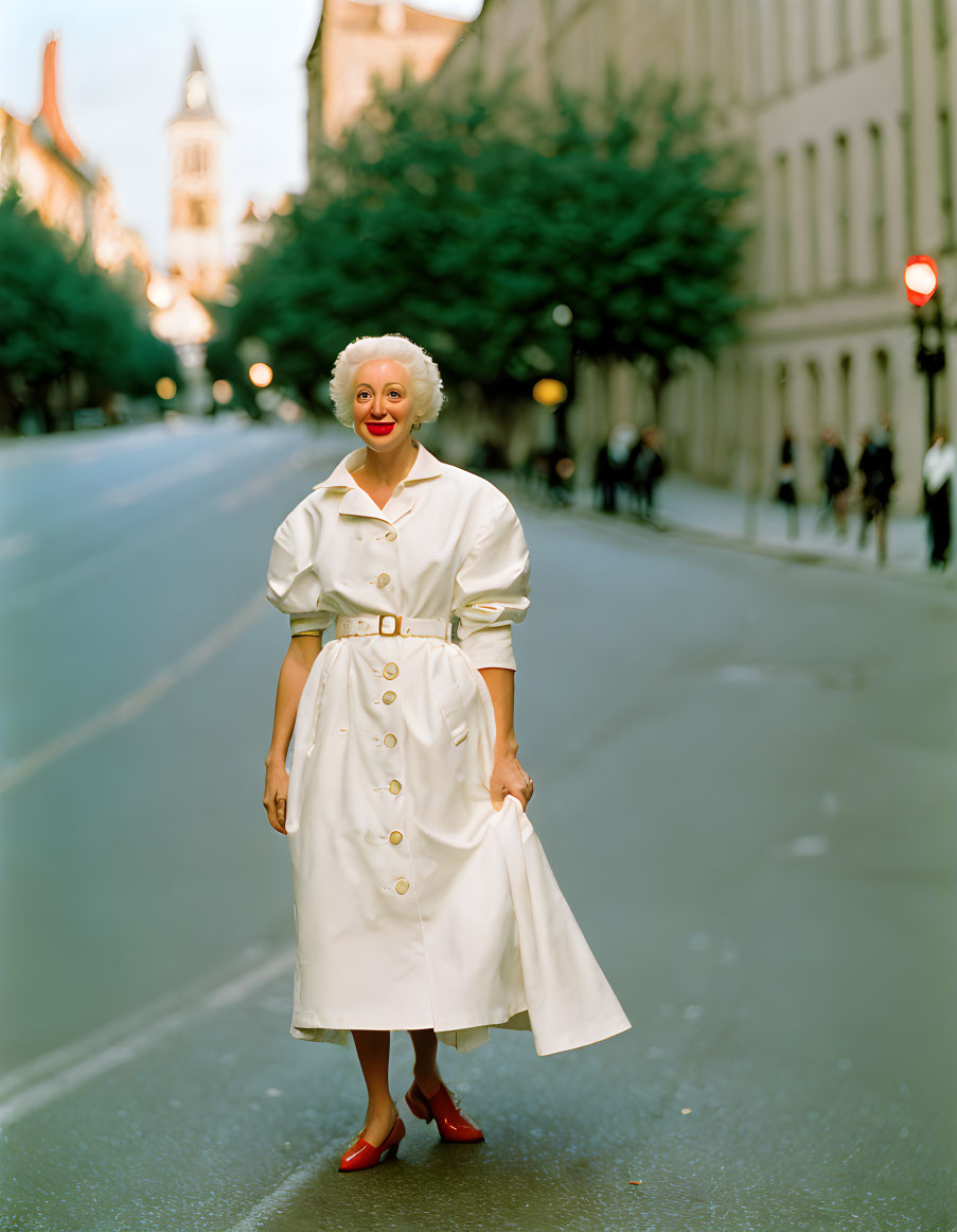 Clown makeup person in white dress on empty street