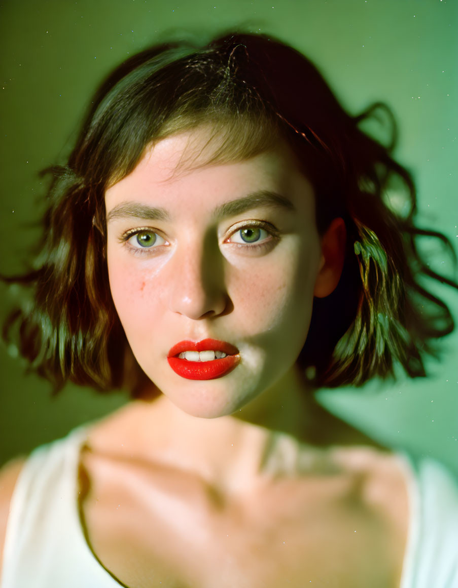 Portrait of woman with bobbed hair and red lipstick in white top against green backdrop with soft lighting.