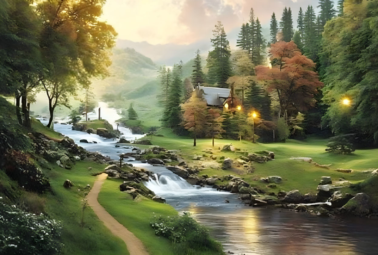 Tranquil river scene with autumn trees and cozy house