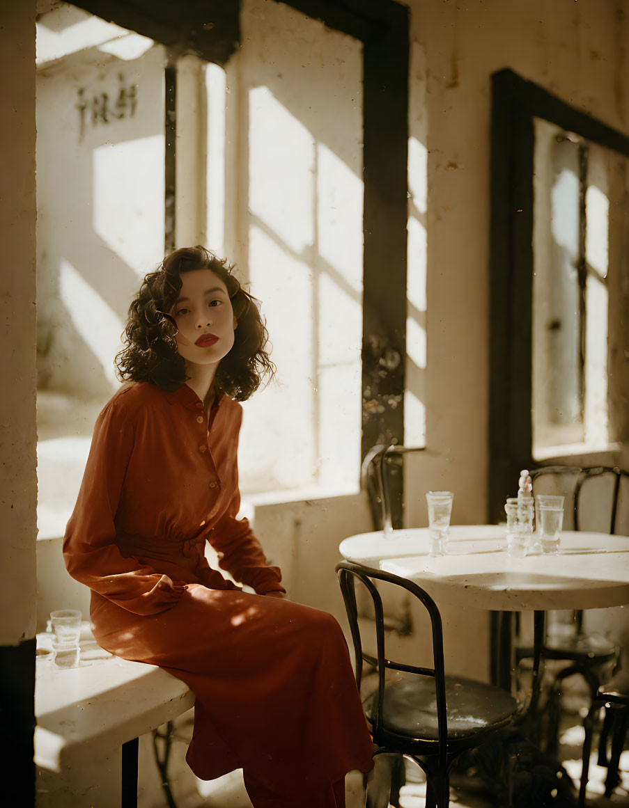 Vintage orange dress woman in old-fashioned room with empty glasses