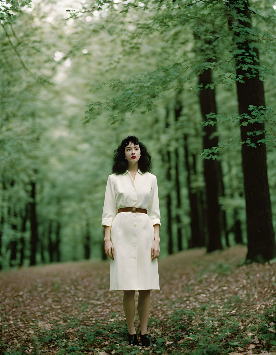 Woman in cream dress in serene forest setting