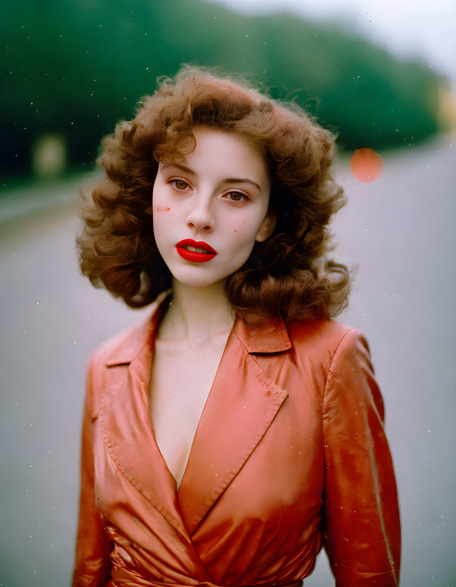 Vintage Hairstyle Woman in Orange Satin Blouse on Street Background