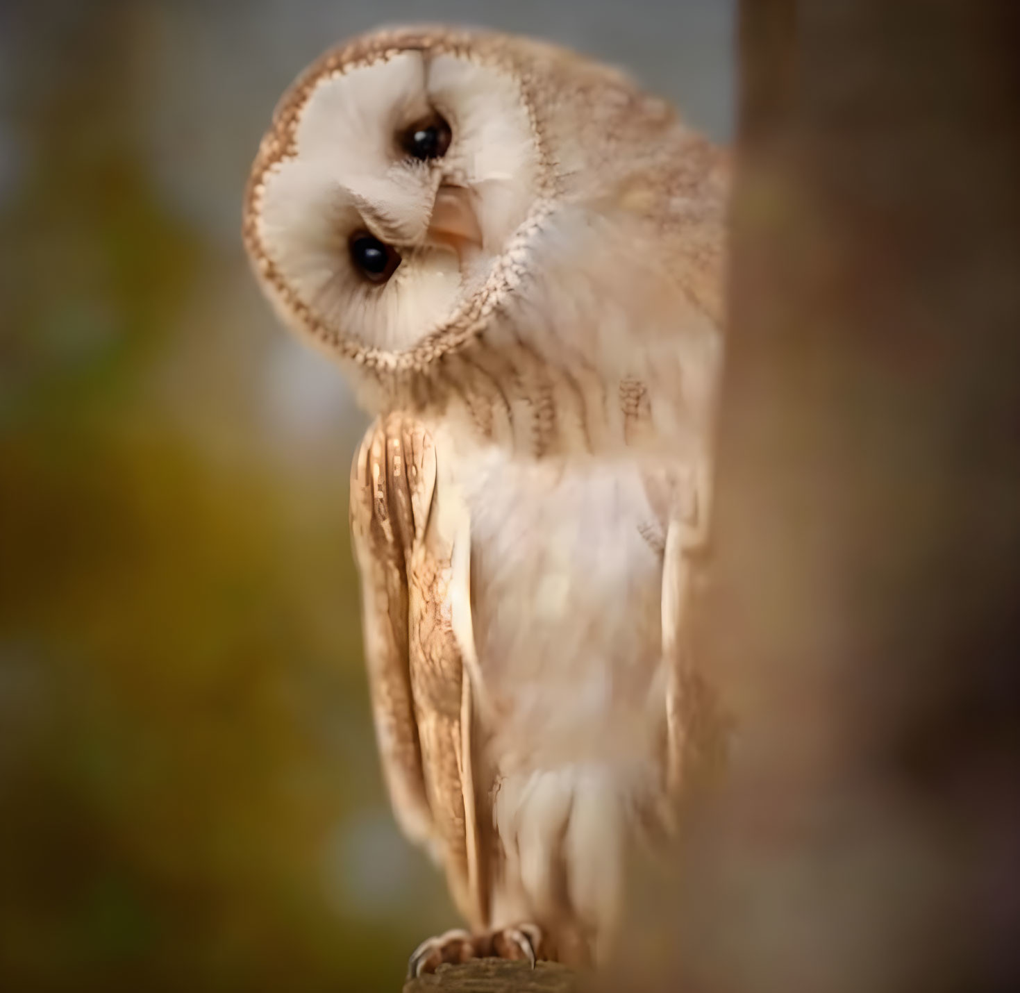 Curious Barn Owl with Heart-shaped Face Behind Tree Trunk