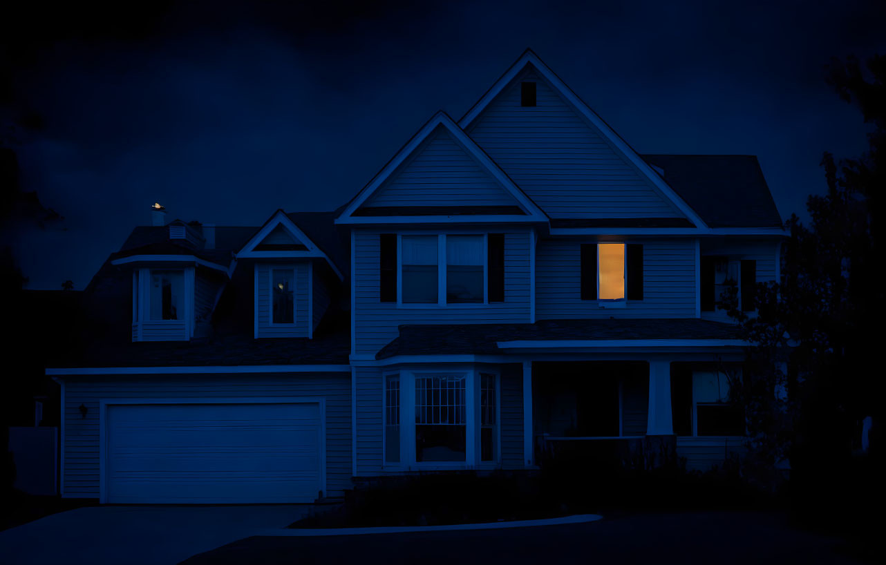 Suburban house at night with illuminated upstairs window