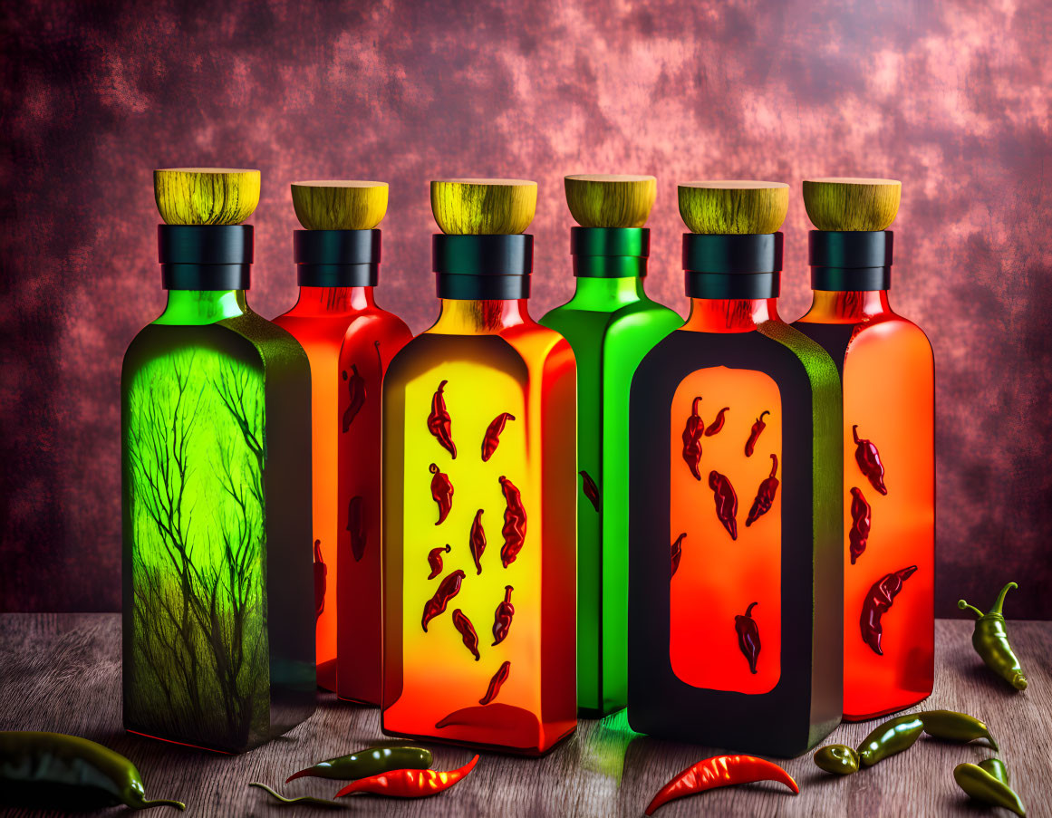 Vibrant square bottles with leaf and chili pepper designs on red background