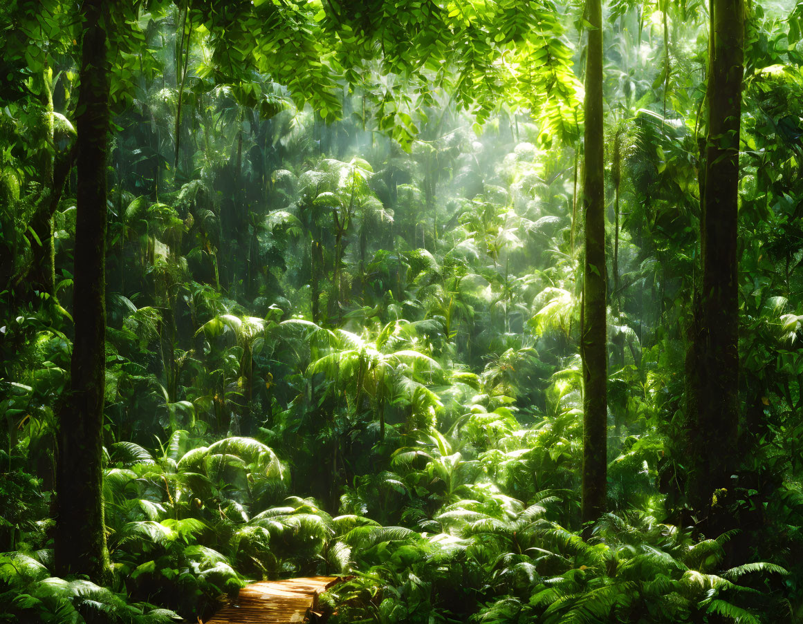 Serene forest scene with dense ferns and tall trees