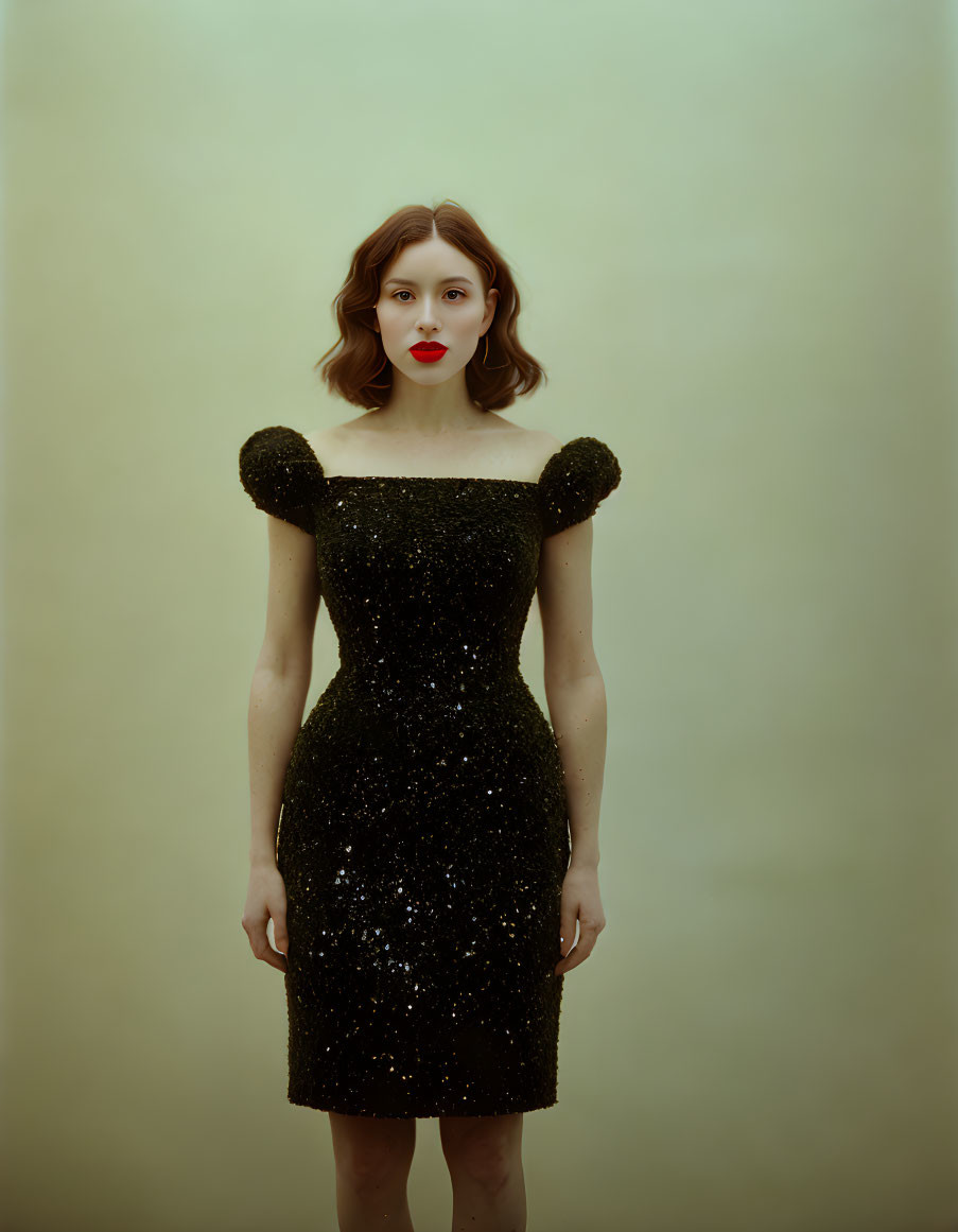 Woman in Glittering Black Dress with Puff Sleeves