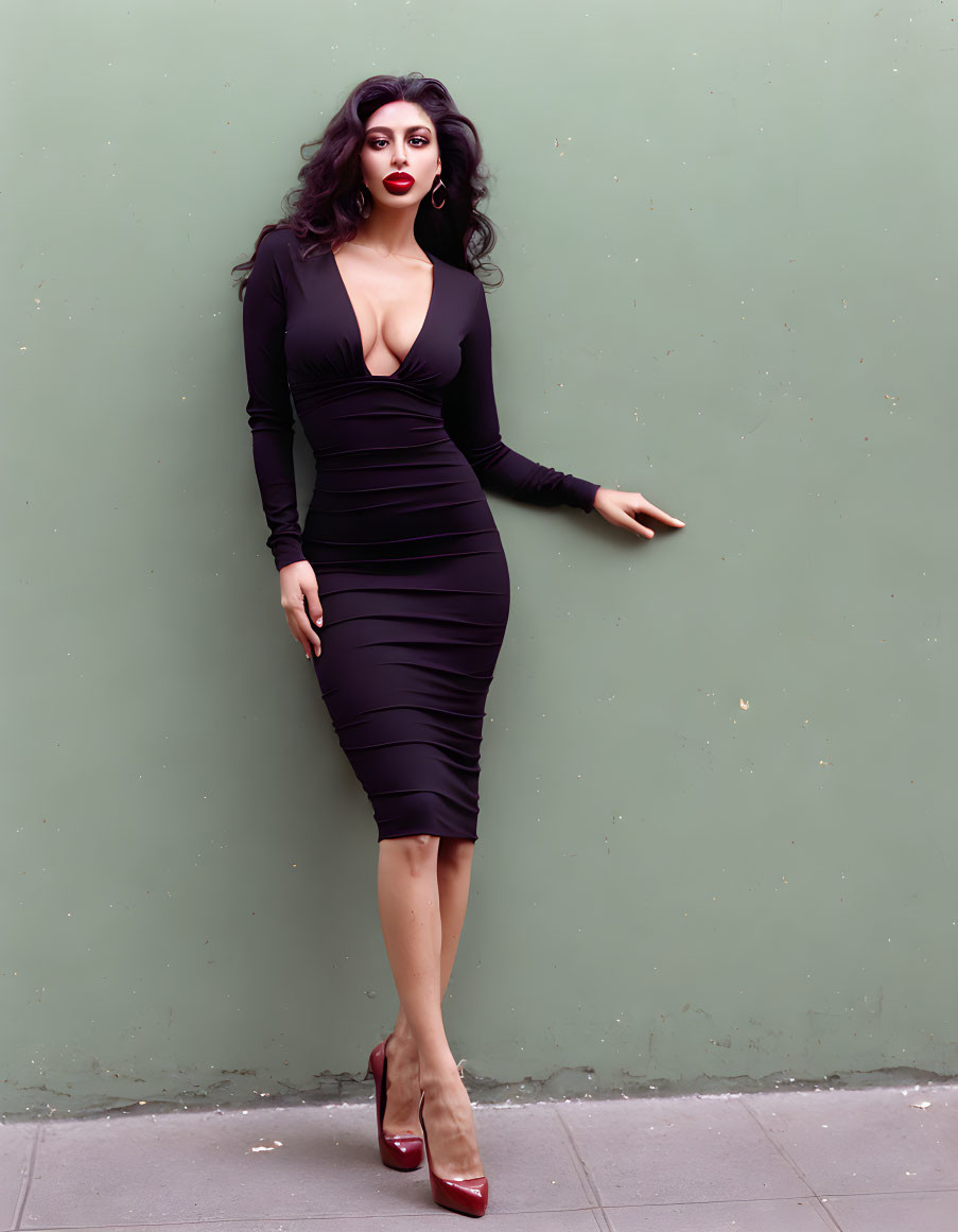 Woman posing in tight black dress and red heels against green wall