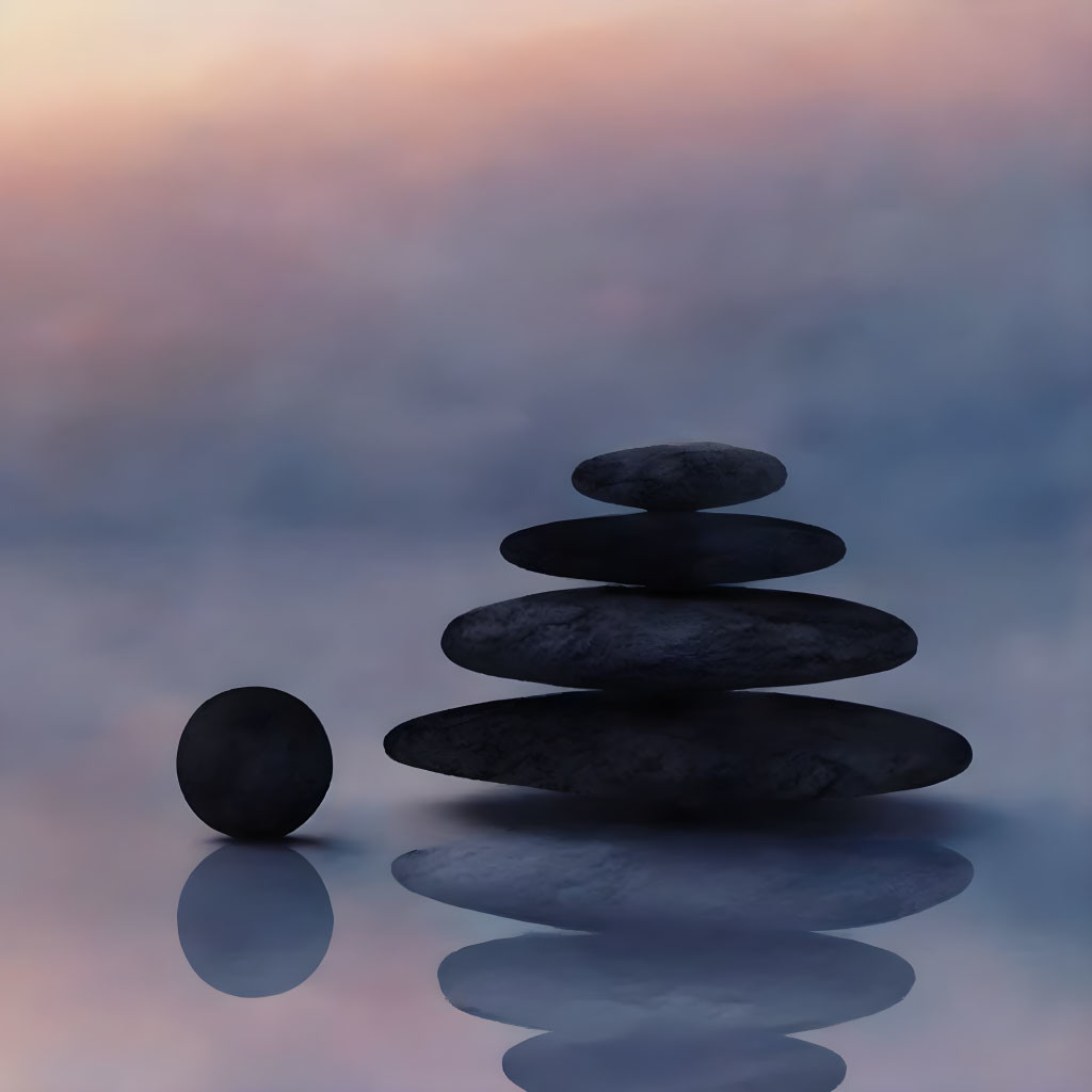 Seven Smooth Dark Stones Balanced on Reflective Surface Against Pink and Blue Background