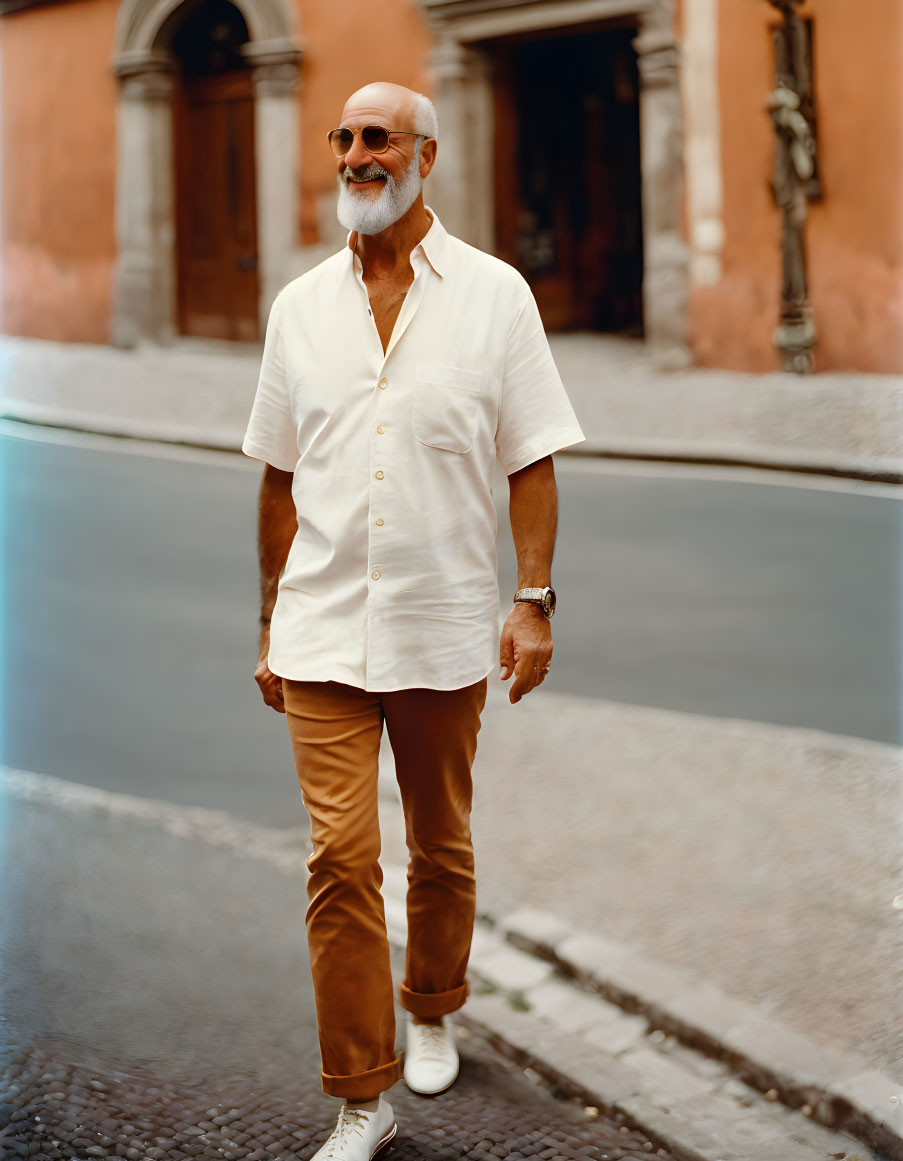 Bald Man Smiling in White Shirt on Cobblestone Street