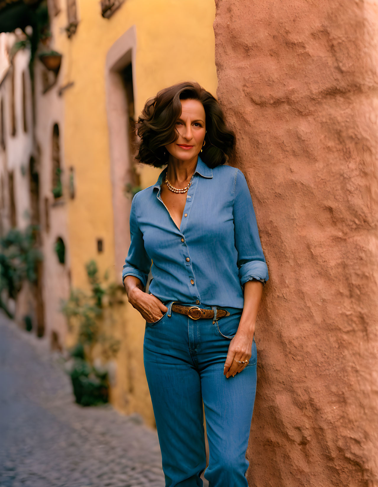 Confident woman in blue denim outfit on cobblestone street.