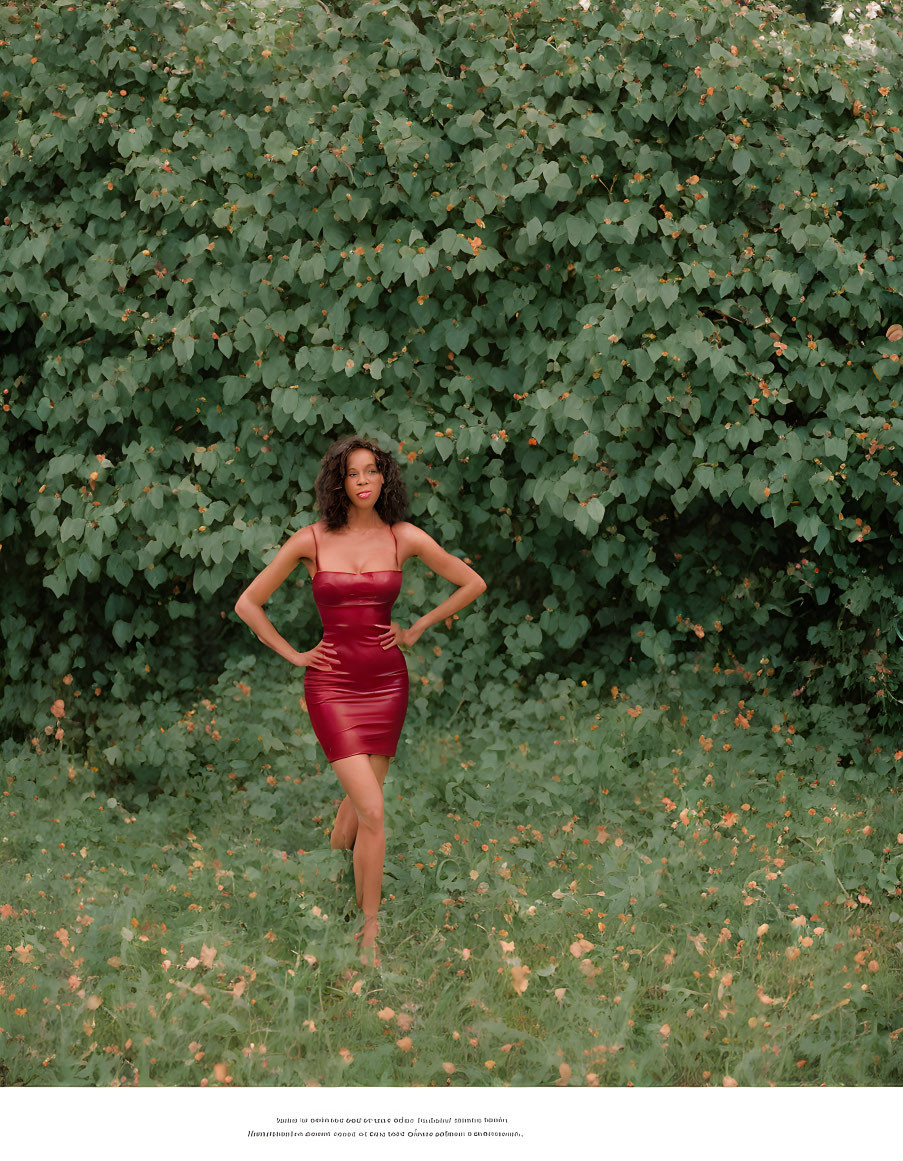 Confident woman in red dress posing near lush green bush