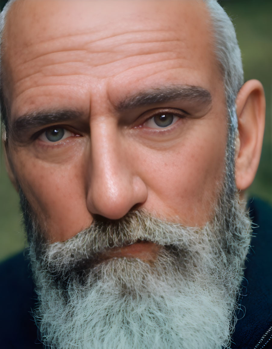 Intense gray-bearded man with furrowed brows in close-up portrait.