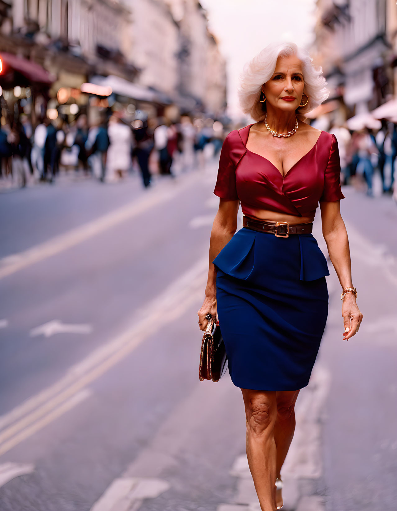 Stylish older woman in red blouse and pearls walking on city street