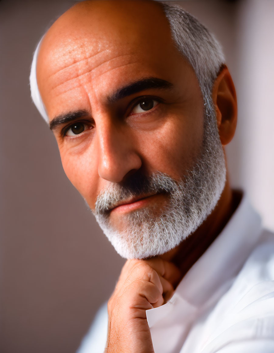 Mature man with white beard and shirt, confident expression