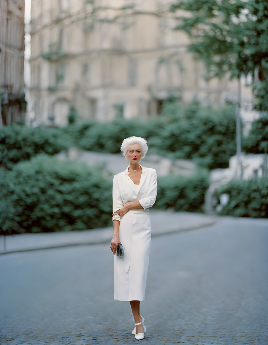 Blonde Woman in White Shirt and Skirt on Cobblestone Street