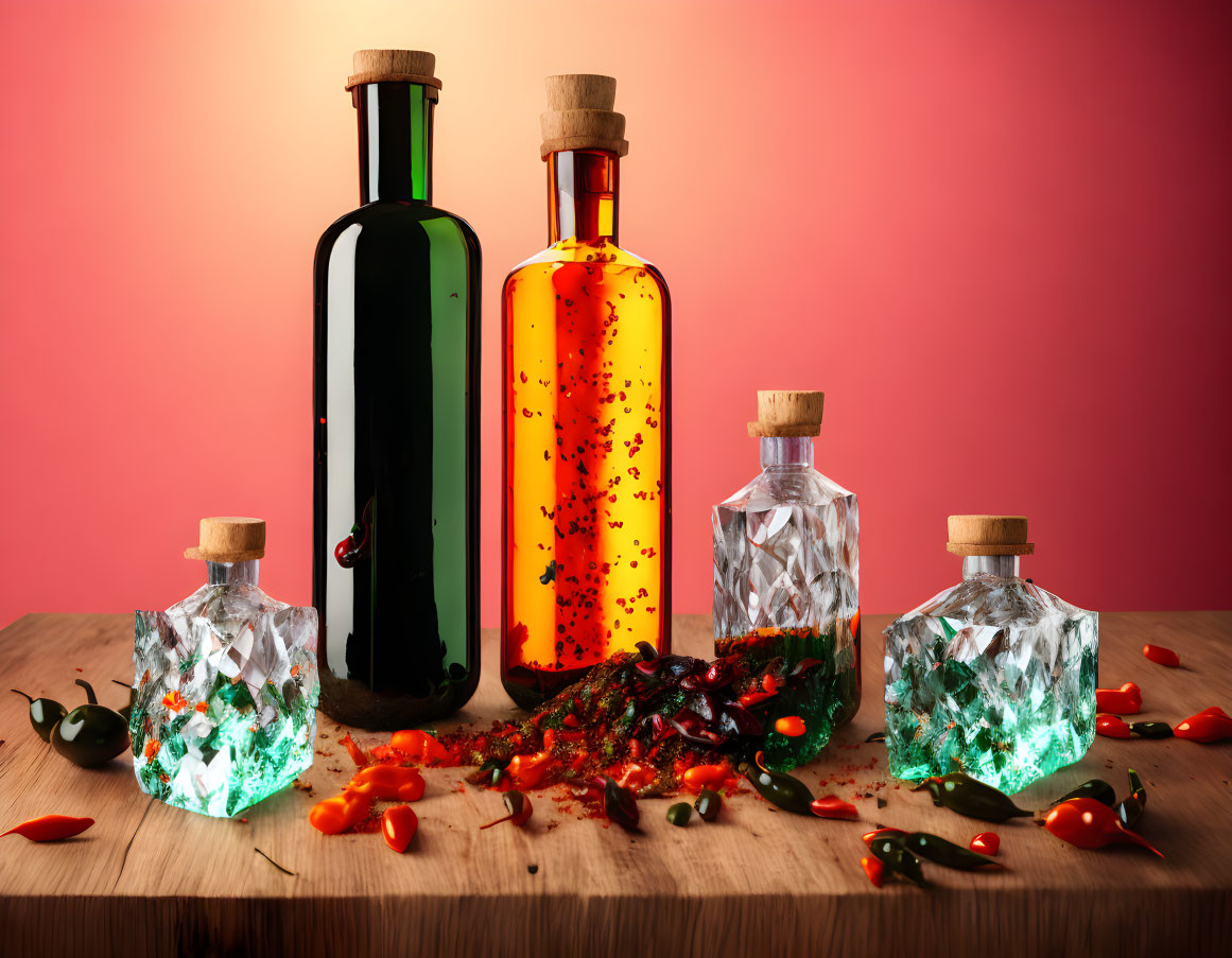 Ornate bottles with green and red liquids, chili peppers on wooden surface