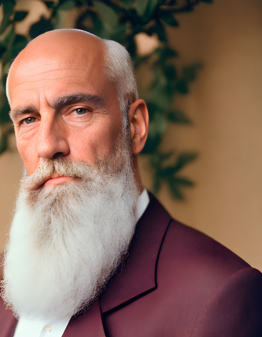 Elderly man with white beard in burgundy suit jacket