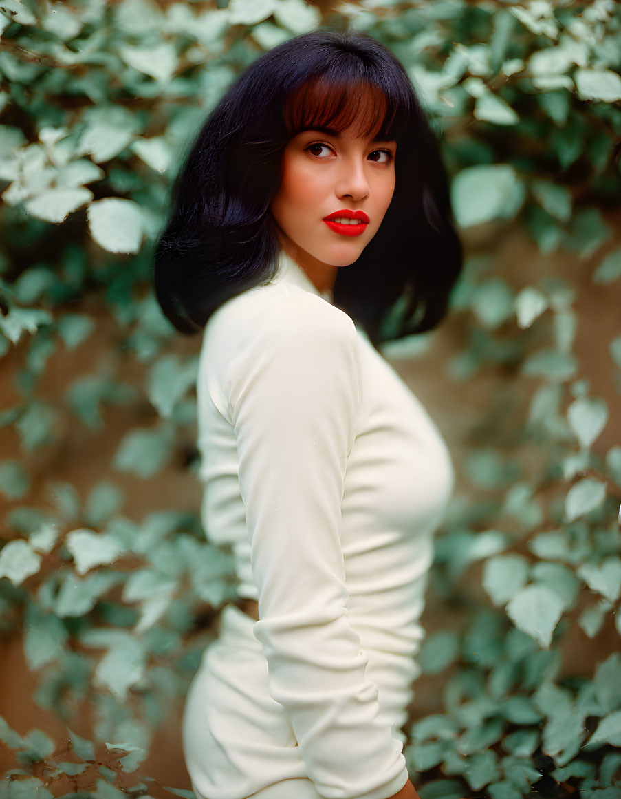 Dark bob hairstyle woman in cream dress with red lipstick against leafy green backdrop