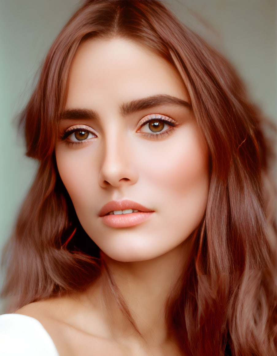 Portrait of Woman with Brown Hair and Striking Brown Eyes on Soft Background