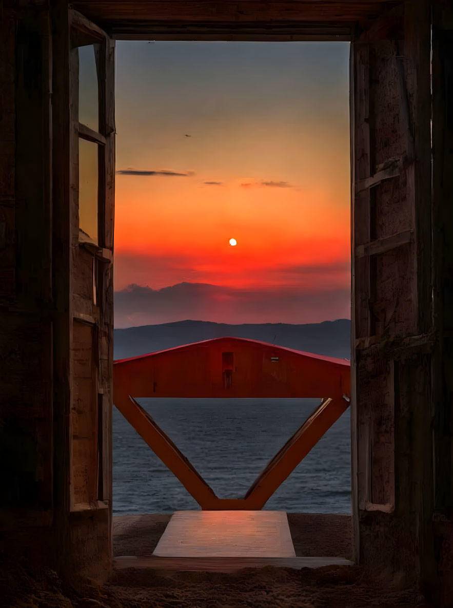 Sunset view through doorway: orange sky, silhouetted mountains, calm sea, unique sculpture