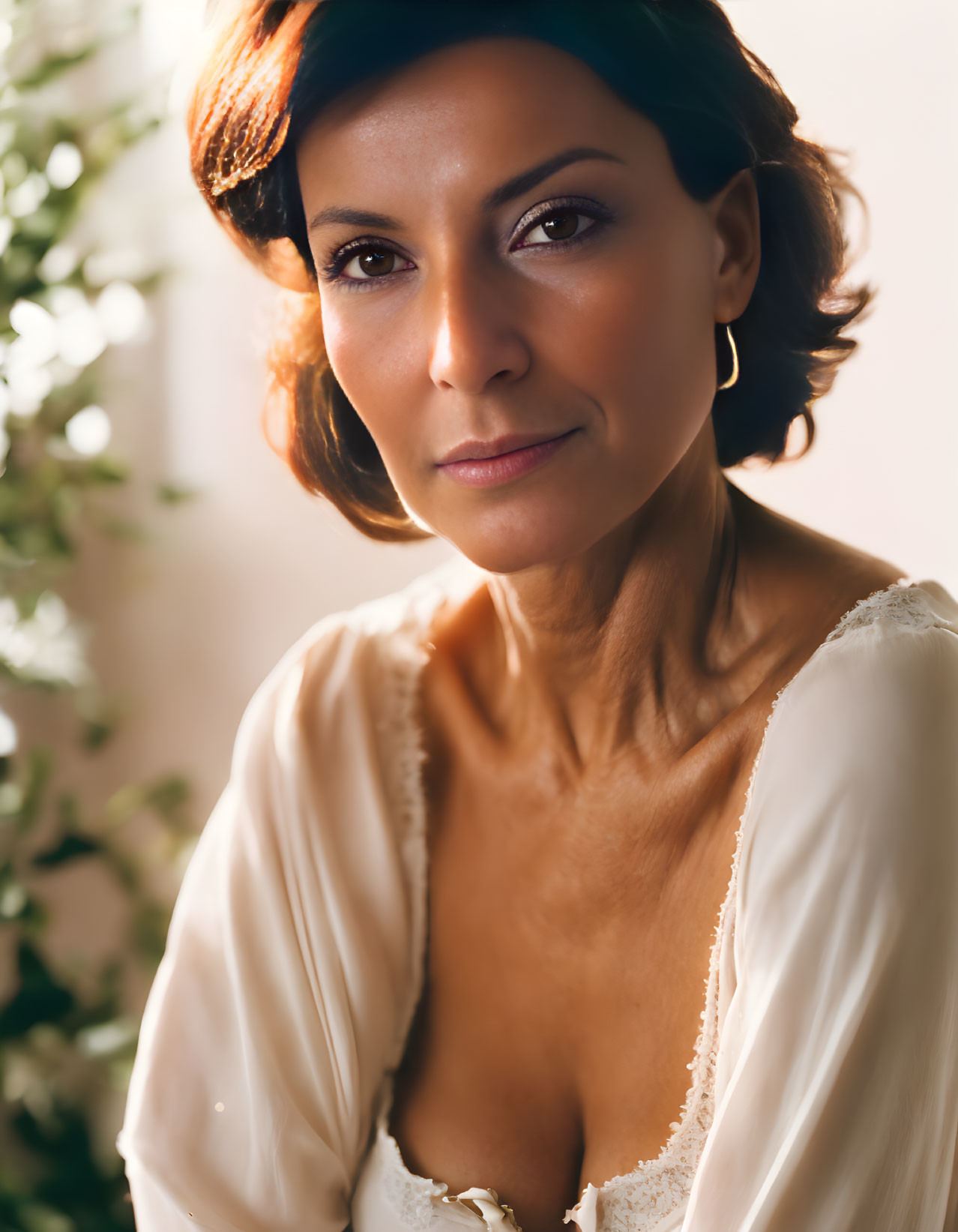 Auburn-haired woman in cream top exudes elegance