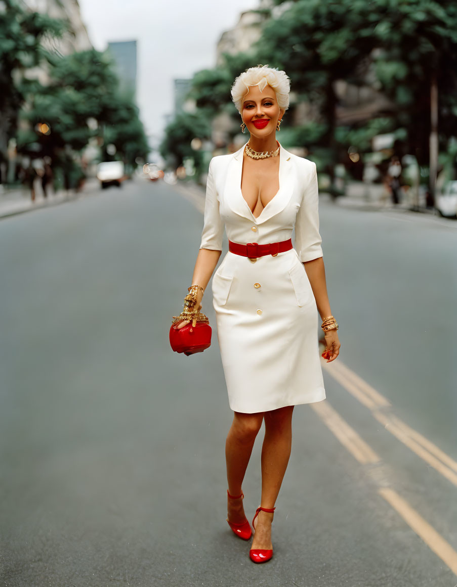 Fashionable woman in white dress and red accessories posing on city street