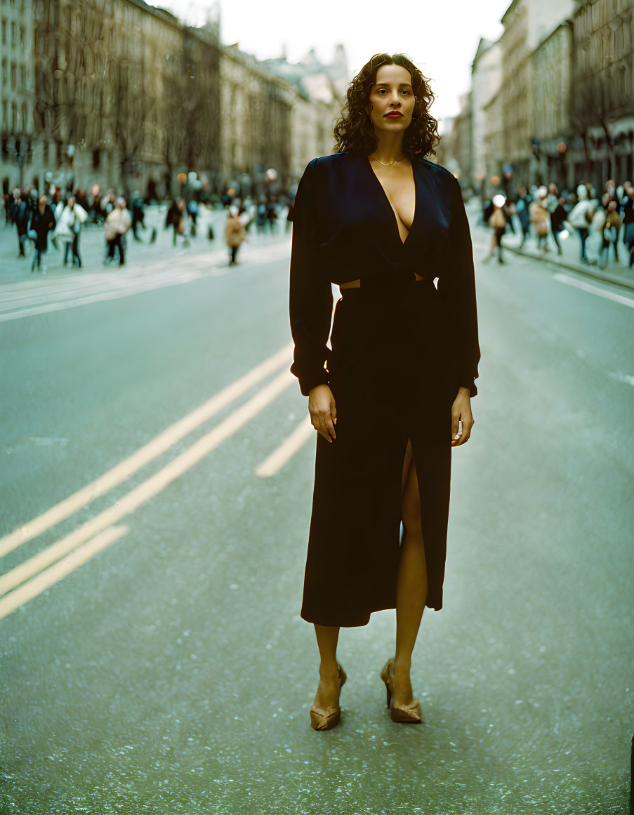 Confident woman in stylish black dress on city street