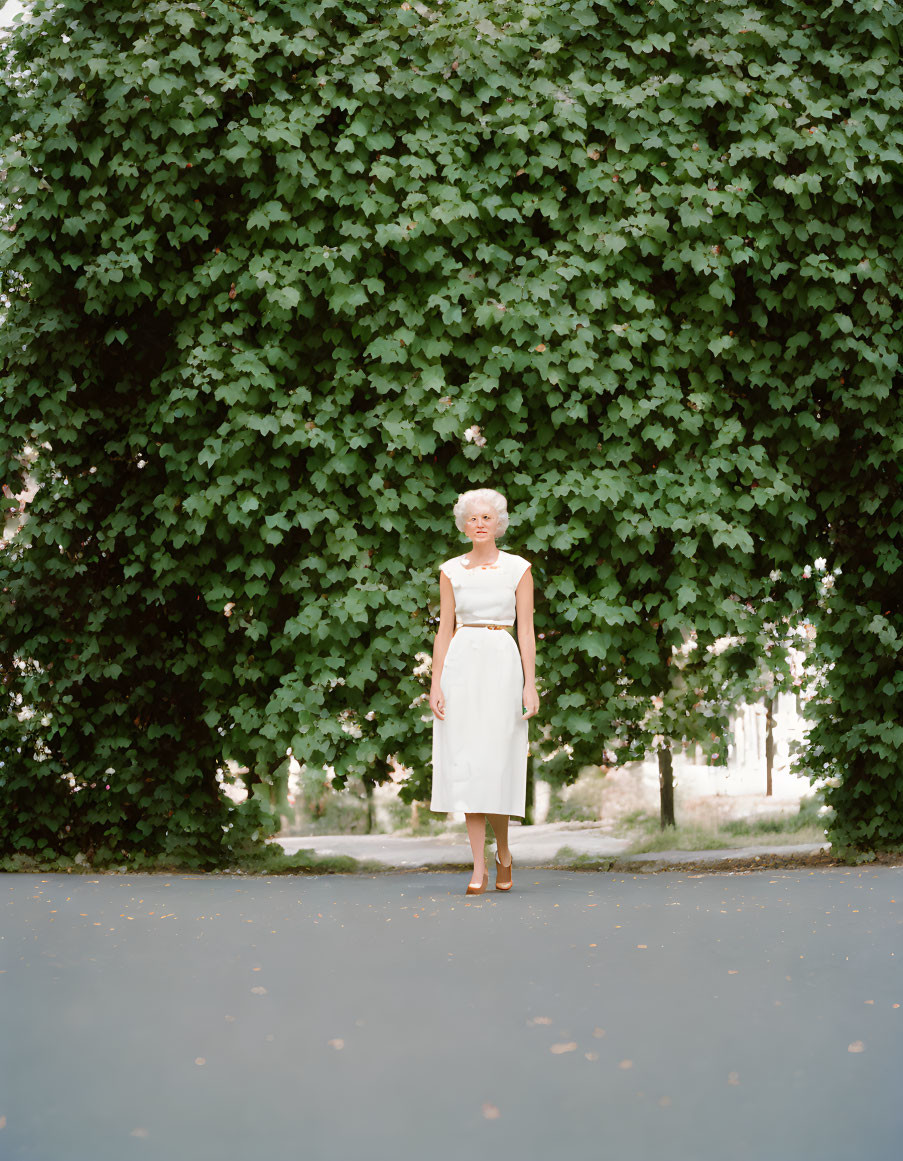 Woman in white dress standing by lush green ivy wall.