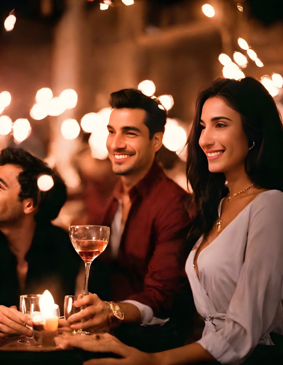 Group of people at festive gathering with soft lighting and candles, holding wine glasses