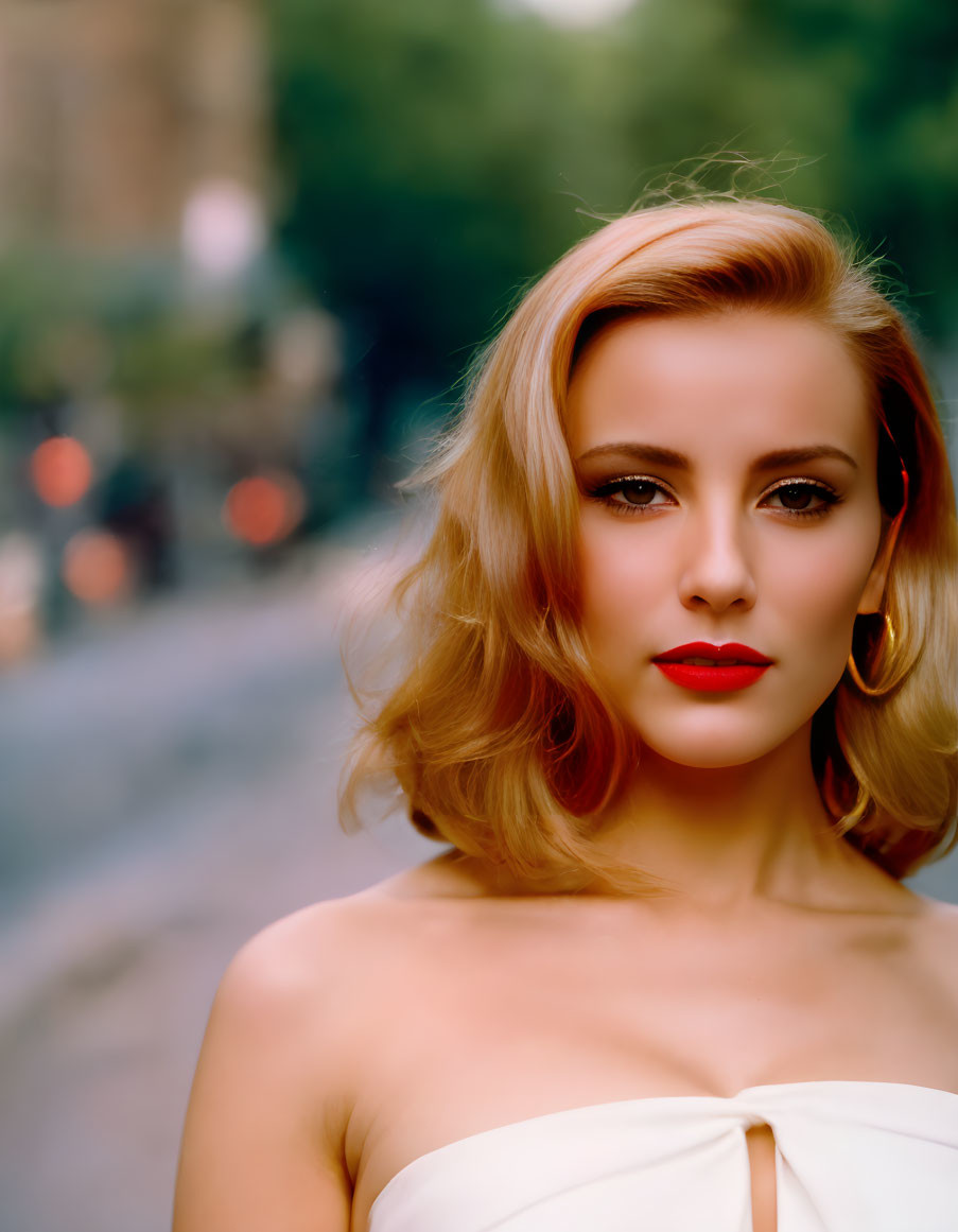 Blonde woman with red lipstick in elegant city pose