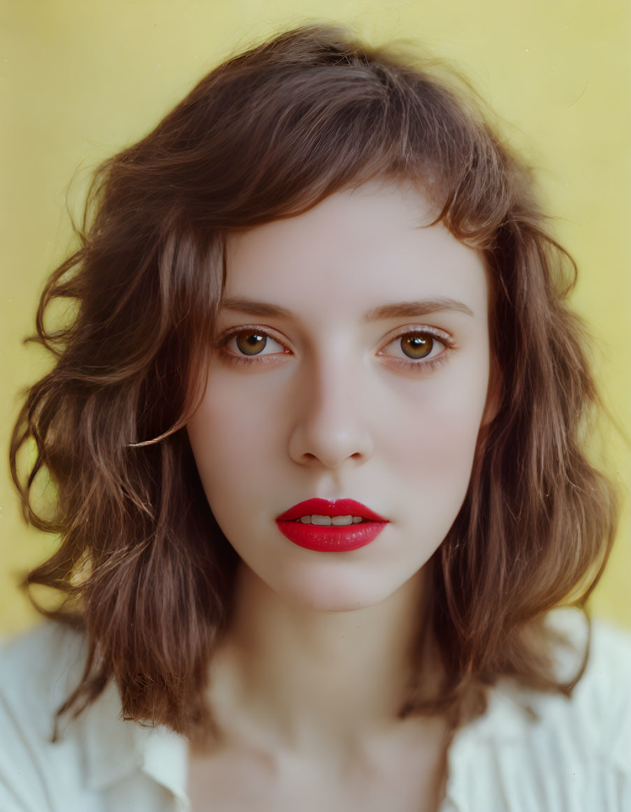 Young woman with brown hair and eyes, red lipstick on yellow background