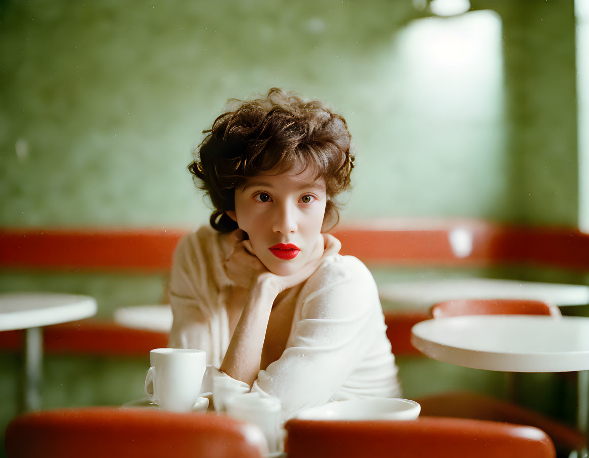 Woman with Short Curly Hair and Red Lipstick at Diner Table