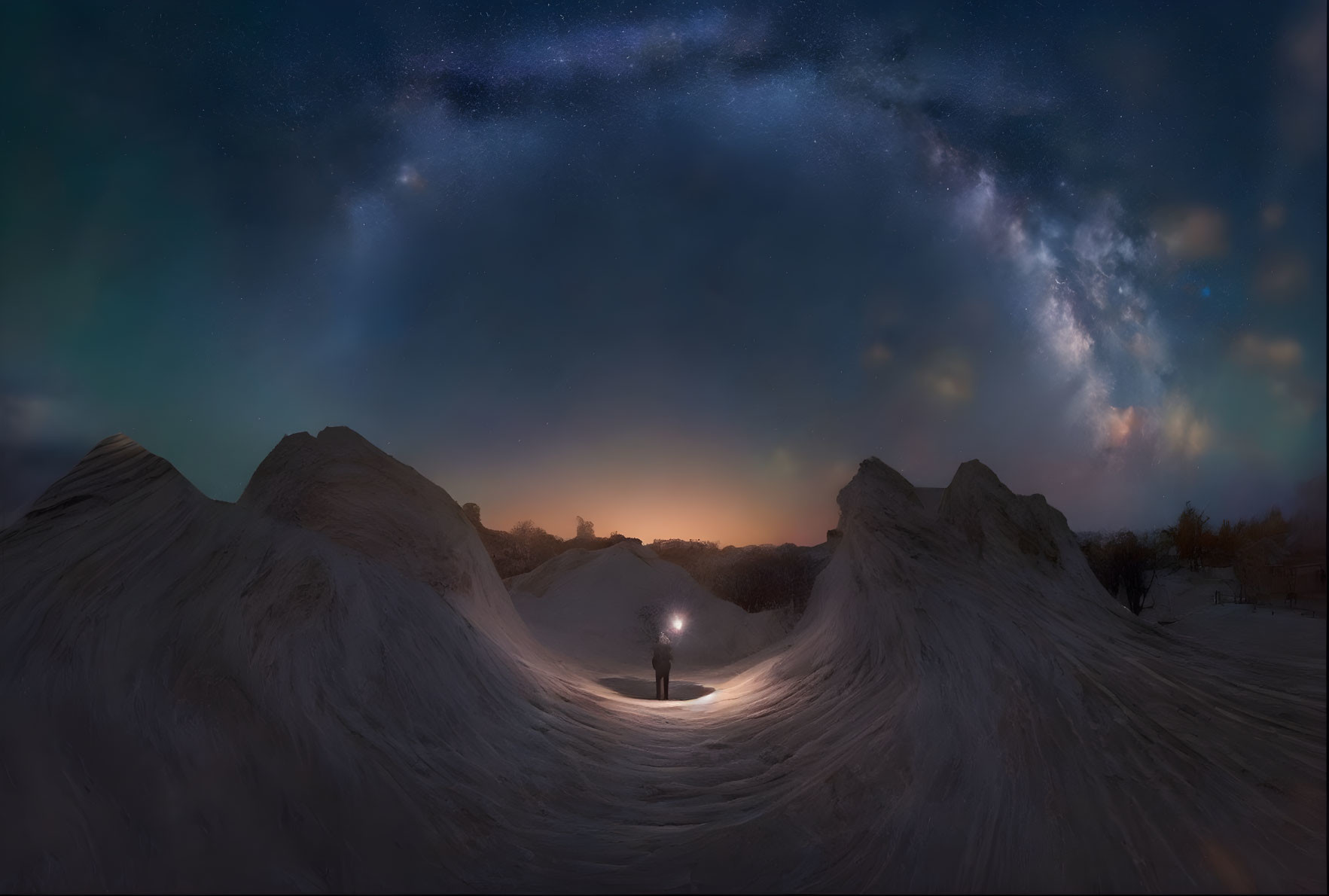 Person with lantern on surreal moonlit pathway under starry night sky