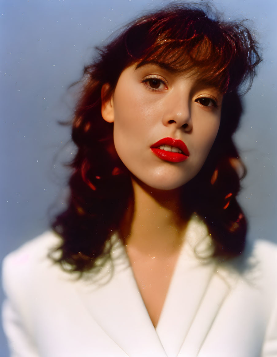 Portrait of woman with red lipstick, short curly hair, white blazer, shadow pattern