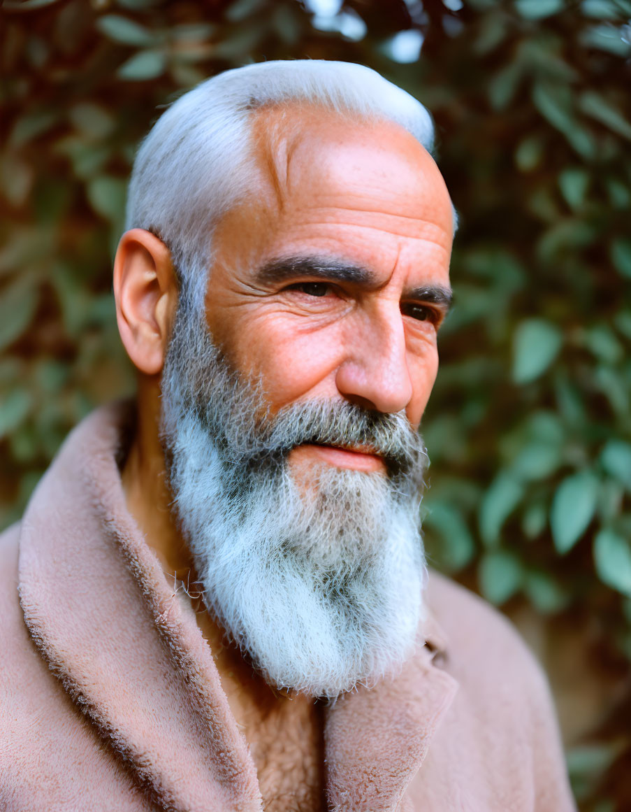 Elderly man with white beard and sharp eyes in beige coat on green background