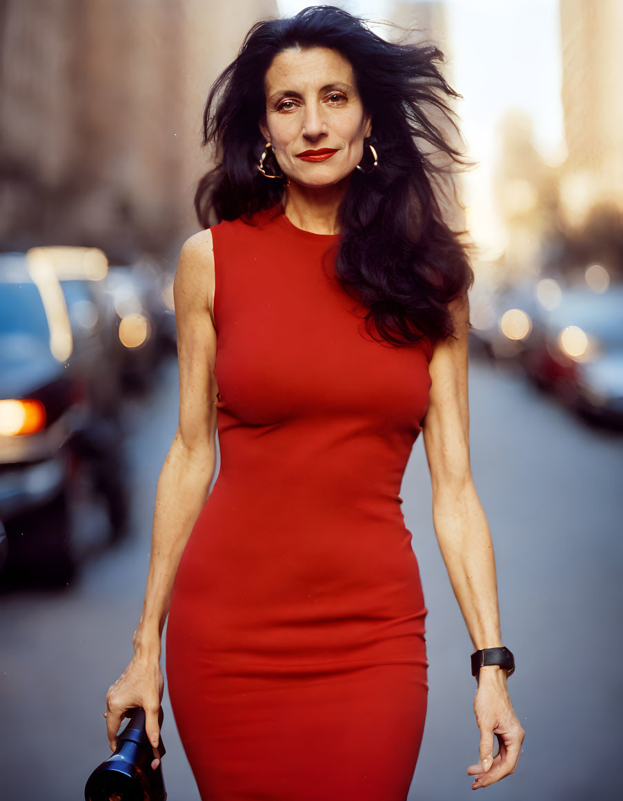 Confident woman in red dress with camera on city street